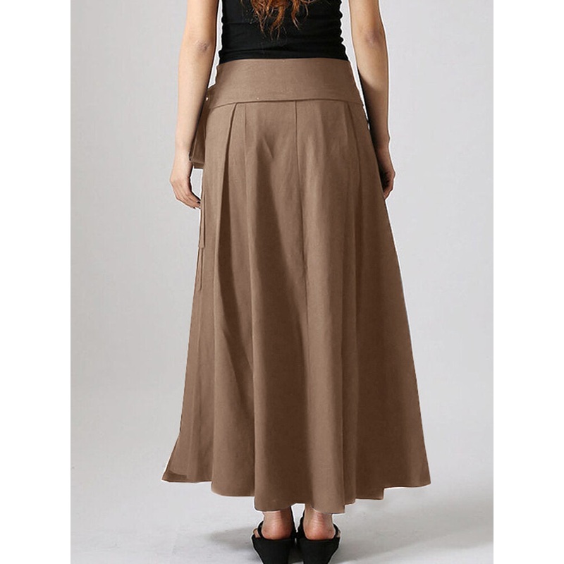 Solid Pocket Knotted Pleated Cotton Casual Skirt