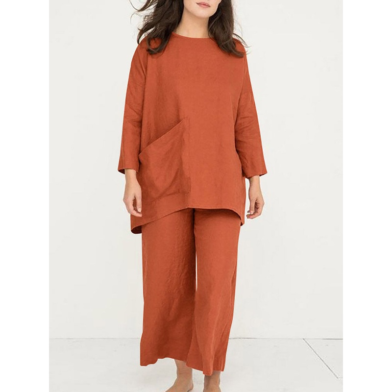 Solid Pocket Long Sleeve Wide Leg Two Pieces Suit