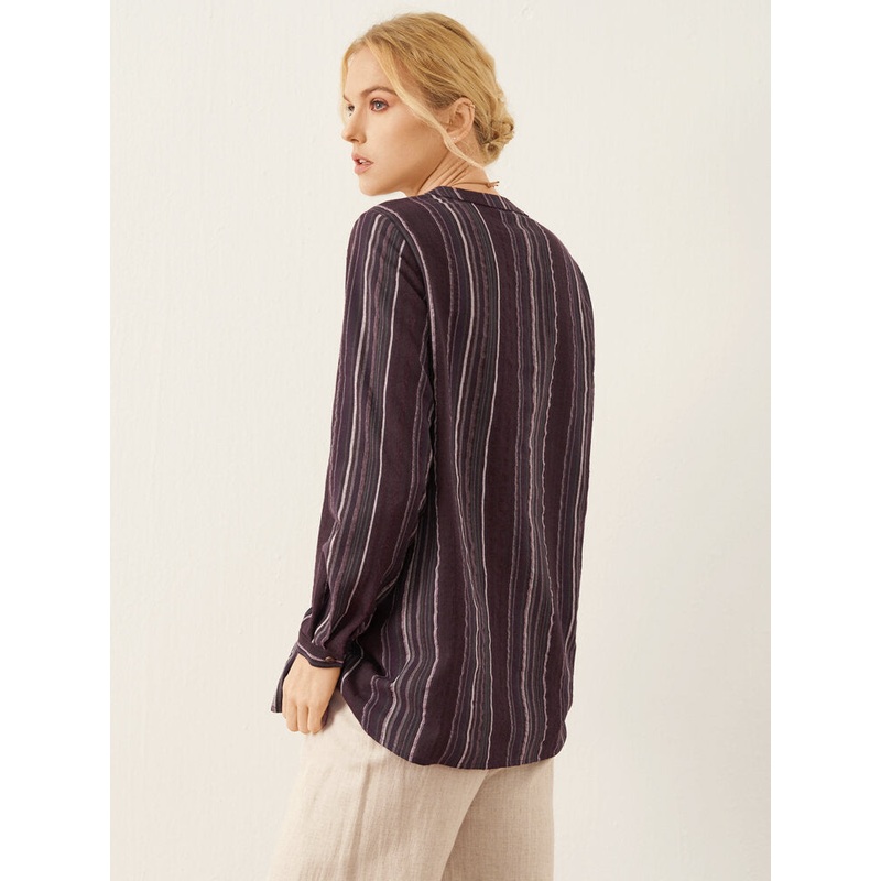 Stripe Pattern Slit Hem Button Long Sleeve Blouse