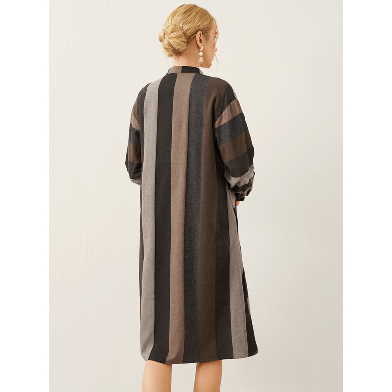 Stripe Pattern Stand Collar Button Long Sleeve Dress