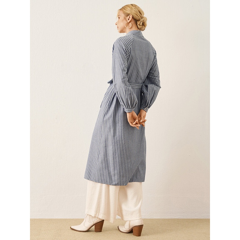 Stripe Print Button Front Long Sleeve Lapel Shirt Dress