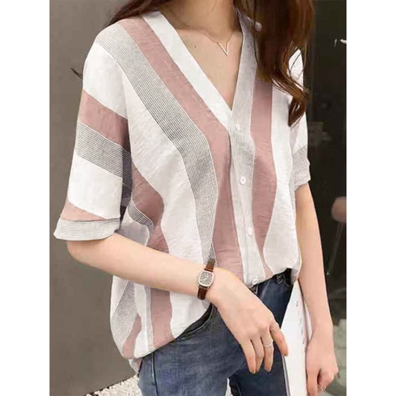 Stripe Print Button Loose V-neck Half Sleeve Blouse
