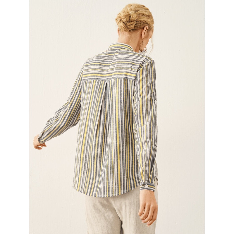 Stripe Print Button Pocket Stand Collar Long Sleeve Blouse