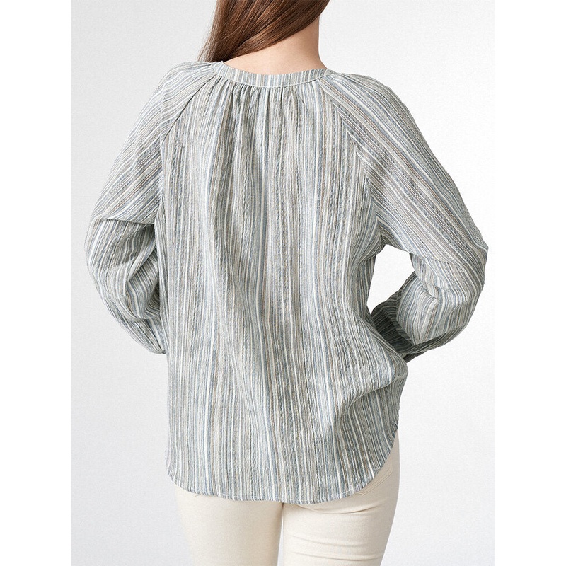 Stripe Print Pocket Button Front Long Sleeve Crew Neck Blouse