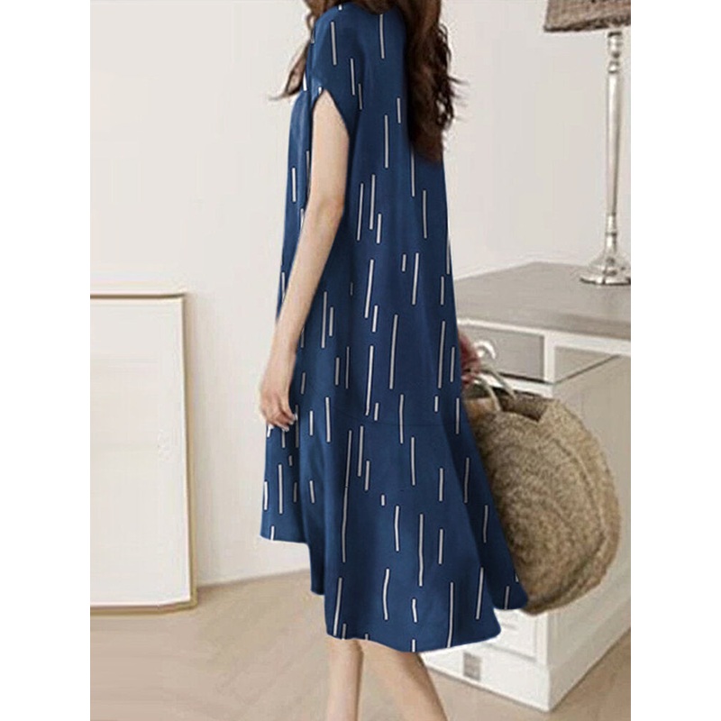 Striped Print Ruffled V Neck Short Sleeve Midi Dress
