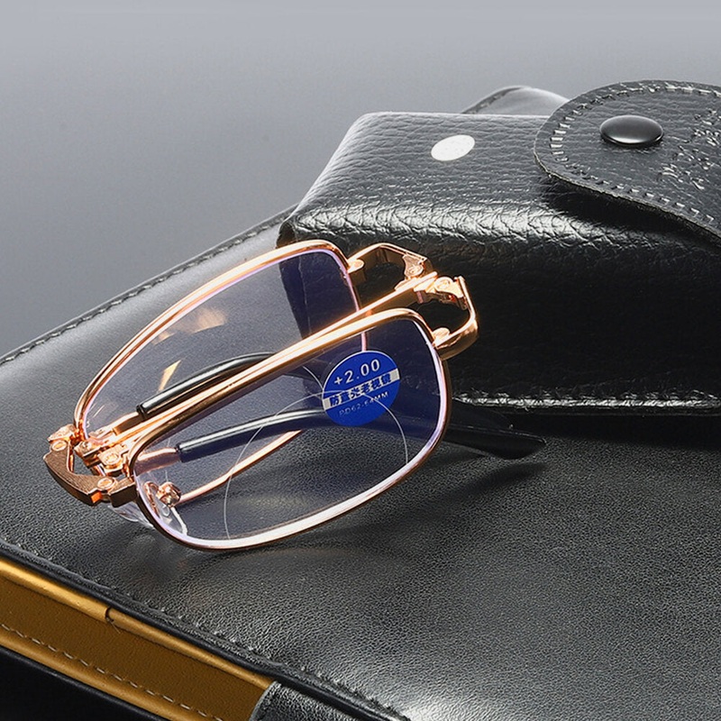 Unisex Portable Full Frame Double Light Myopia Hyperopia Glasses Folding Anti-Blue Reading Glasses With Leather Box