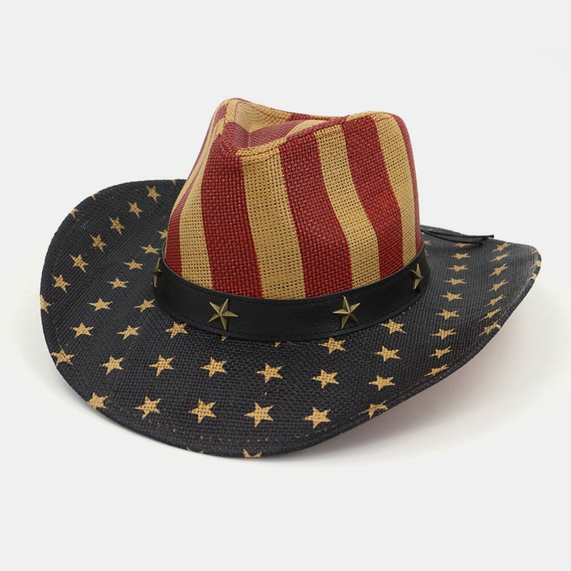 Vintage American Flag Westren Cowboy Style Panama Hat Summer Prairie Straw Hat For Male