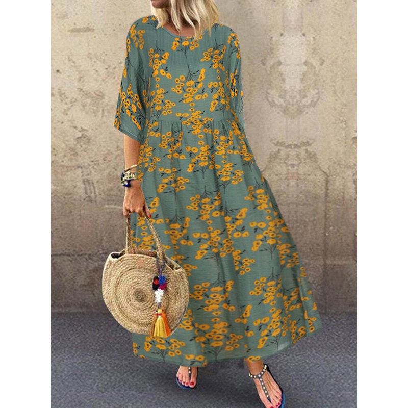 Women 3/4 Sleeve O-neck Floral Maxi Dress
