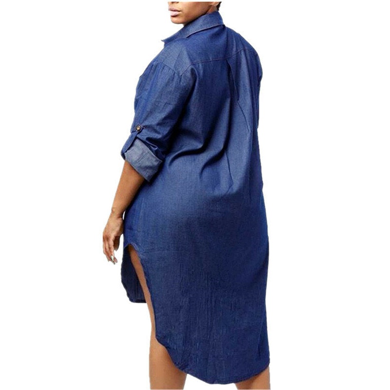 Women Buttons Down Asymmetrical Casual Shirt Denim Mini Dress