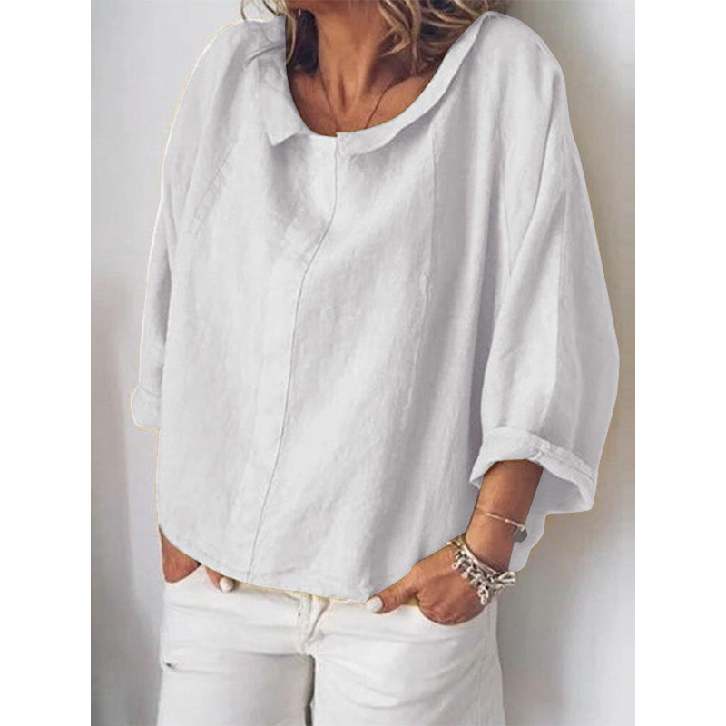 Women Casual Cotton Pure Color Long Sleeve Blouse