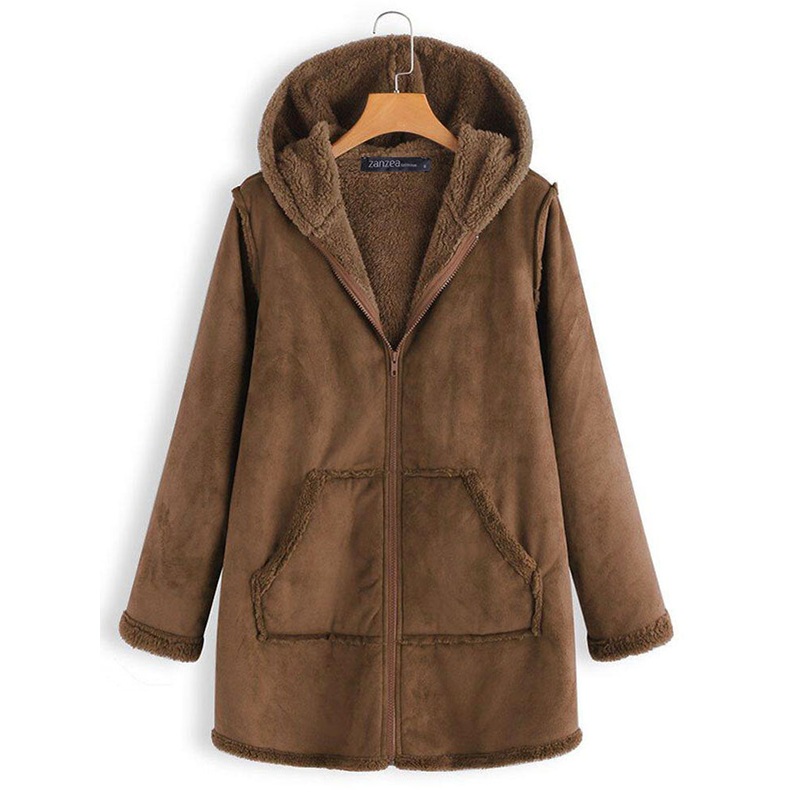 Women Casual Zipper Long Sleeve Thicken Solid Coats with Pocket