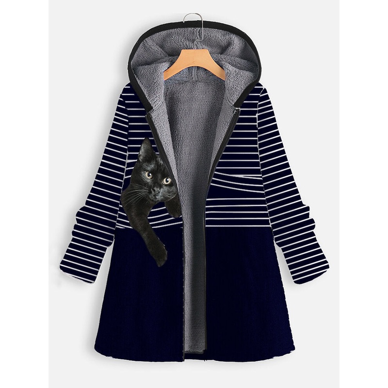 Women Cat Striped Print Thick Casual Zipper Front Hooded Plus Size Coat