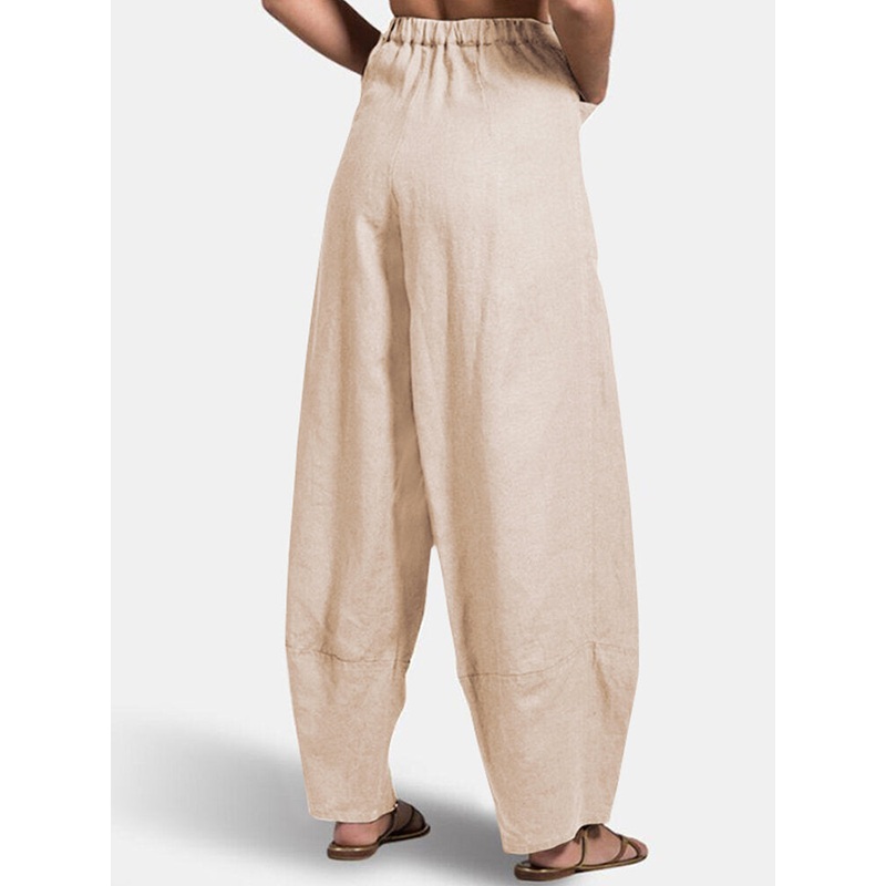 Women Cotton Solid Color Casual High Waist Pants With Pocket