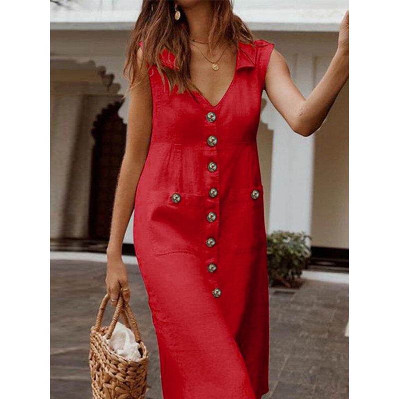 Women Cotton V-neck Buttons Down Bandage Solid Shirt Dress