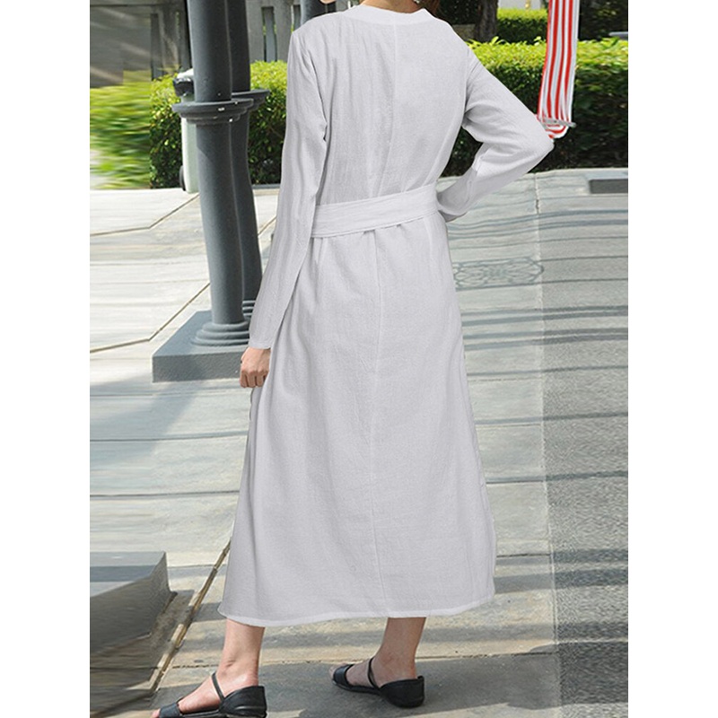 Women Daily Casual Belted Tie Waist Long Sleeve Solid Cotton Maxi Dress