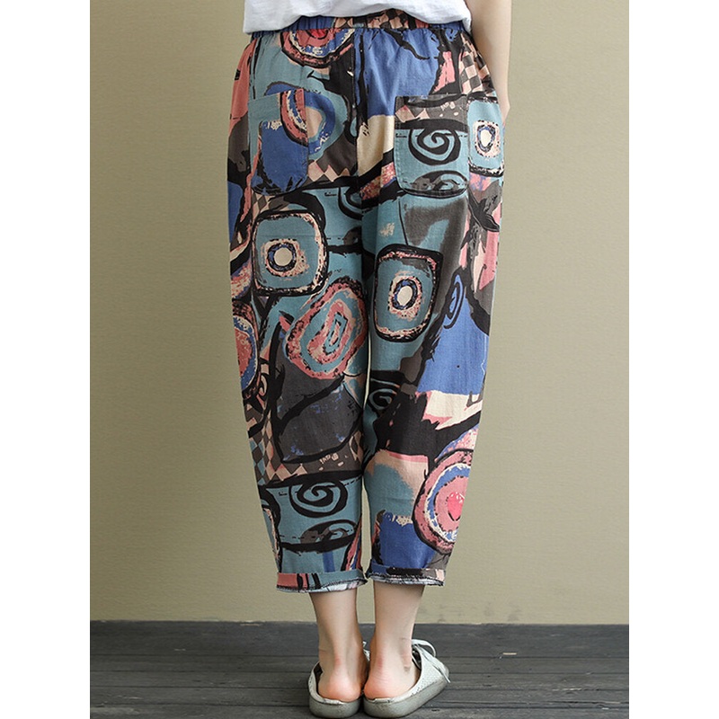 Women Elastic Waist Printed Harem Pants Casual Loose Trousers