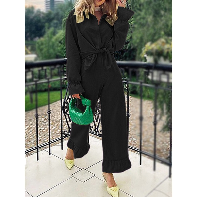 Women Elastic Waist Solid Ruffles Narrow Cuffs Ankle Length Two-Piece Sets