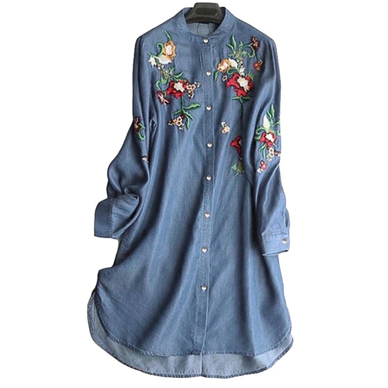 Women Embroidery Loose Turn-Down Collar Long Sleeve T-Shirts