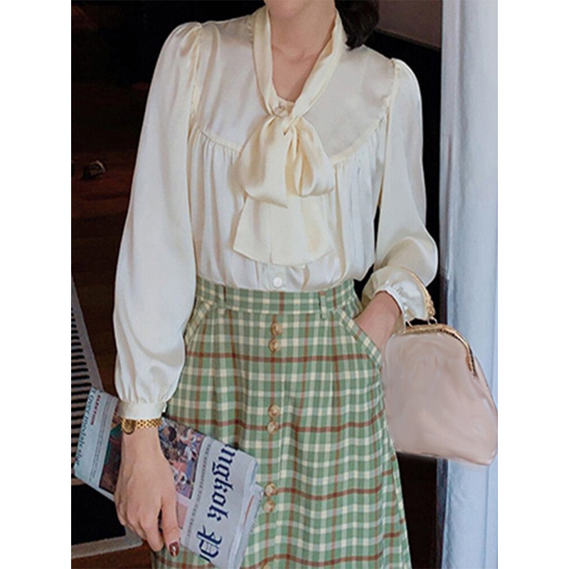 Women French Style Bow-knot Tie Puff Sleeve Shirts Casual Blouse