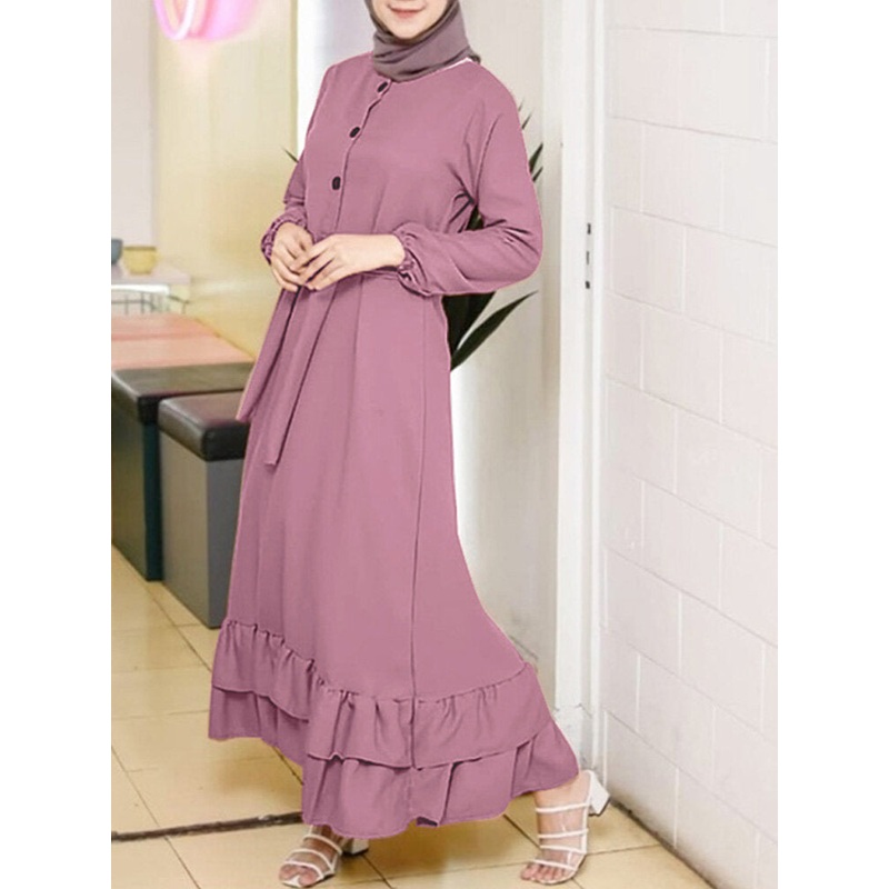 Women Long Sleeve Solid Ruffles Hem AbayaKaftan Pleats Button Midi Dresses