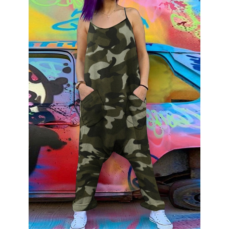 Women Loose Camouflage Print Sleeveless Harem Pants Jumpsuit with Side Pockets