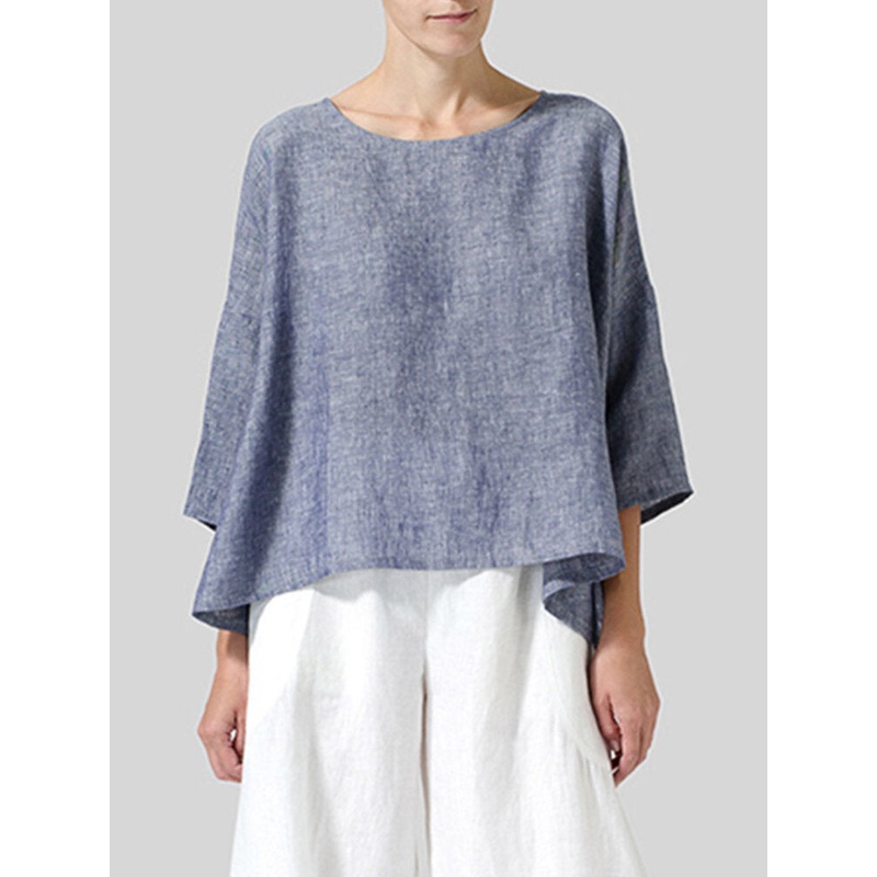 Women Loose Pure Color Button Down Back HighLow Hem Blouse