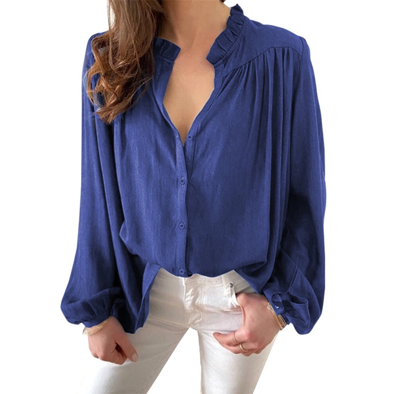Women OL Style Solid Color Split Pleated Lantern Sleeve Casual Shirts