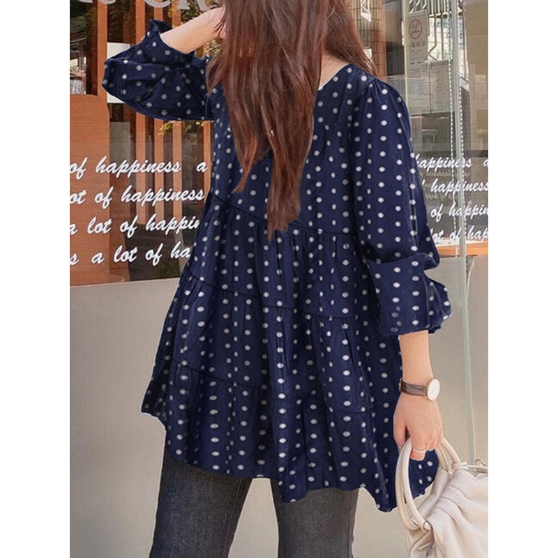Women Puff Sleeve Daily O-Neck Spliced Dots Casual Loose Blouse