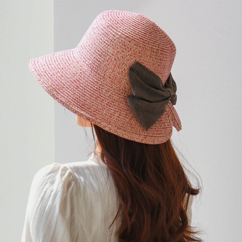 Women Rear Split Design Three-dimensional Hat Brim Straw Hat Big Bow Decoration Foldable Breathable Outdoor Casual Sunshade Bucket Hat