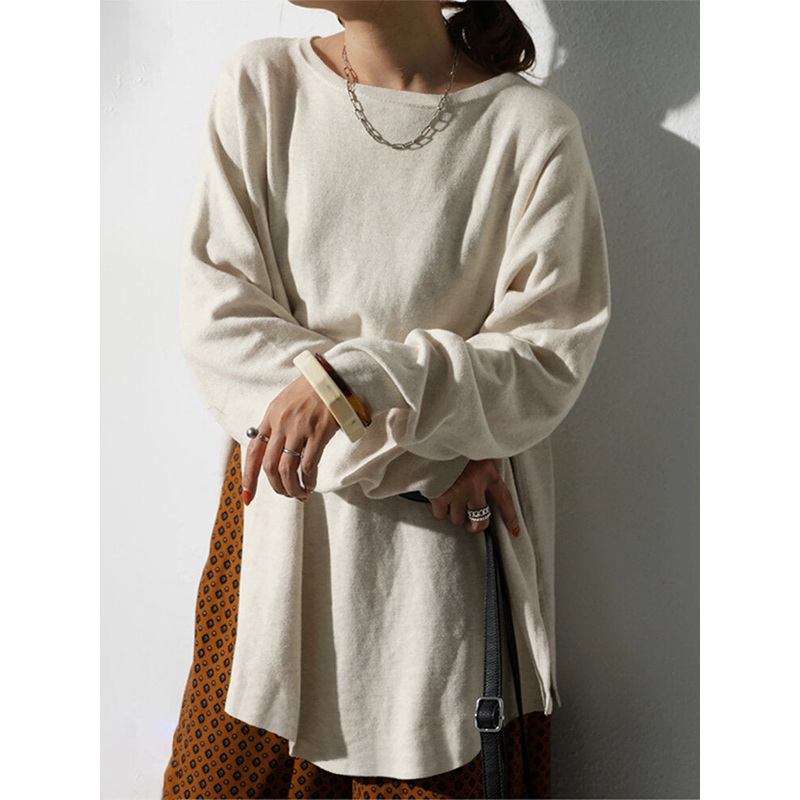 Women Side Split Solid O-Neck Retro Long Sleeve Pullover Sweatshirt