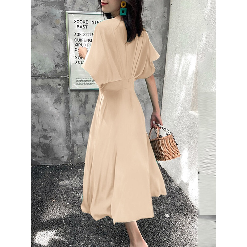 Women Solid A-line Pleated V-neck Dolman Sleeve Dress