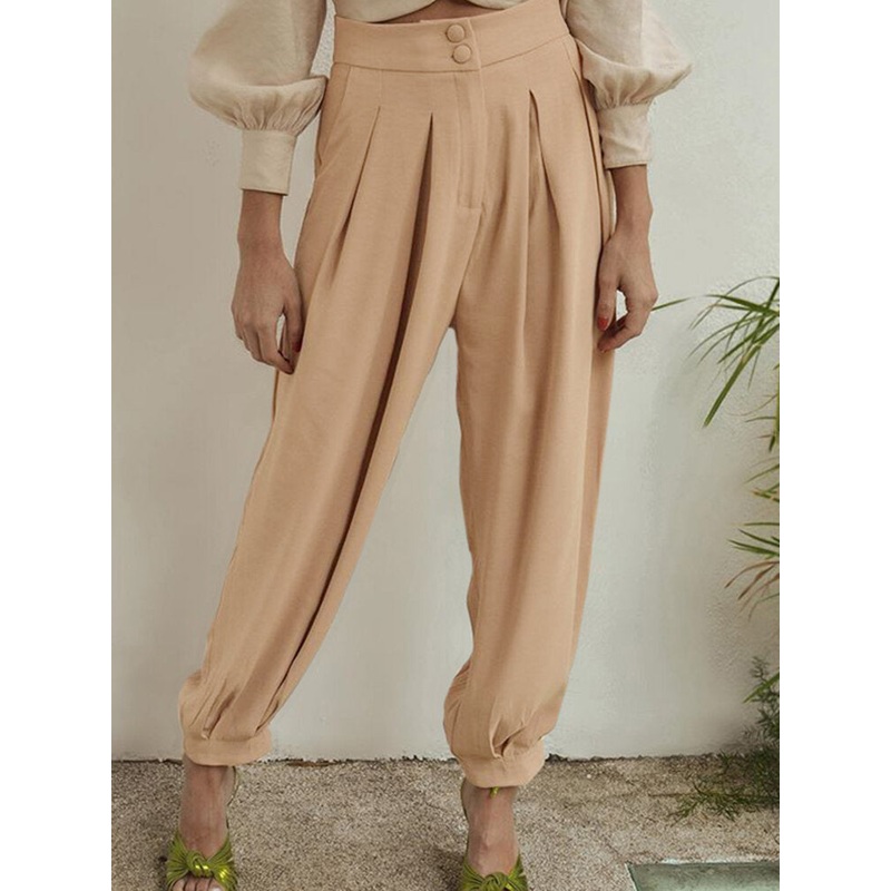 Women Solid Color Hight Waist Button Detail Pleated Casual Harem Pants