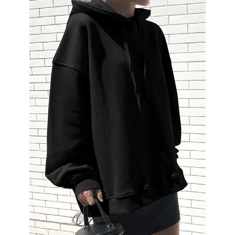Women Solid Color O-Neck Long Sleeve Narrow Cuff Casual Hooded Sweatshirt