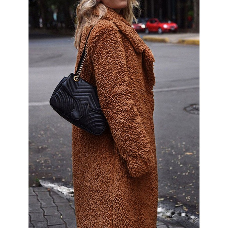 Women Winter Thick Fleece Lapel Mid-Length Solid Color Warm Casual Coat