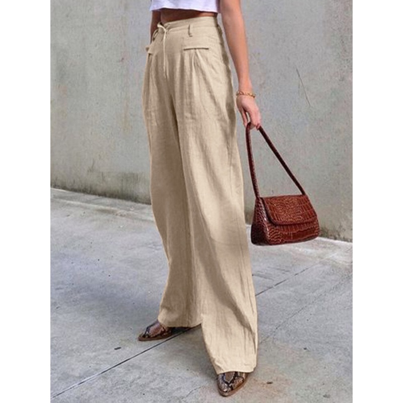 Women Zipper High Waist Wide Leg Pants Solid Color Casual Trousers With Pocket