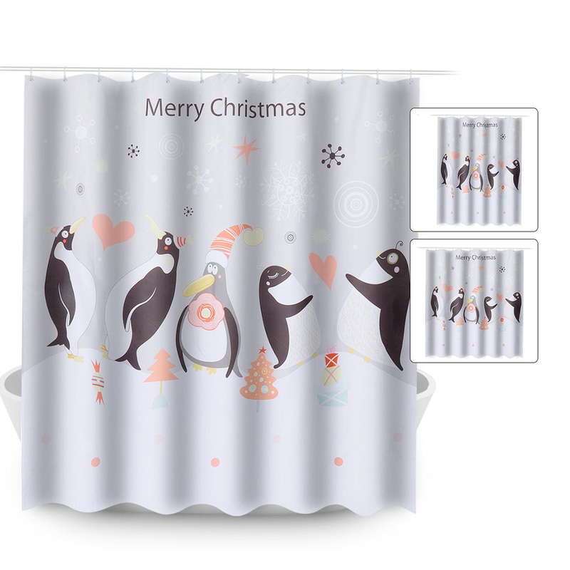 150x180CM Christmas Penguin Waterproof Bathroom Shower Curtain With 12 White C-shaped Plastic Hooks