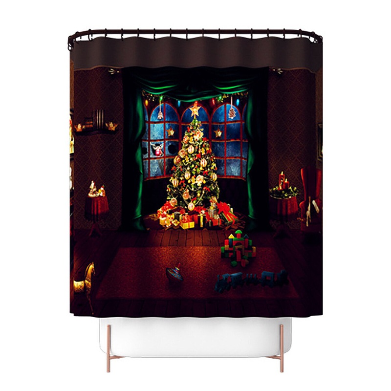 4pcs Christmas Theme Shower Curtain Bath Mat Toilet Lid Bathroom Bath Rugs