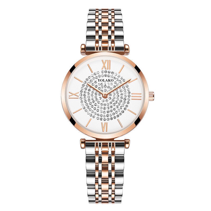 A0566 Trendy Elegant Women Watches Full Alloy Roman Numerals Rhinestones Mount Dial Quartz Watches