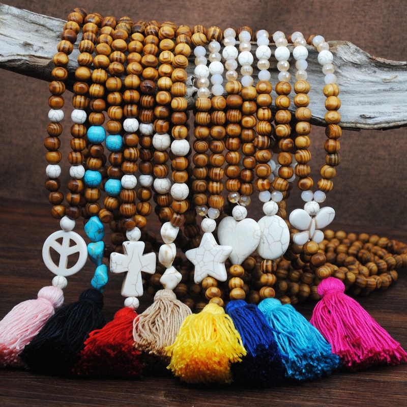 Bohemian Wooden Beads Tassel Necklace Geometric Heart Star Butterfly Turquoise Pendant Long Necklace