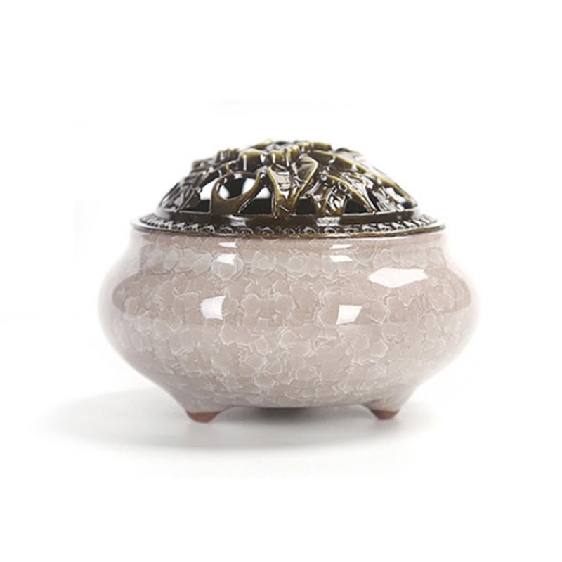 Ceramic Incense Burner Censer Coil Stick Holder Ash Catcher w/ Alloy Cover Aromatherapy Decor