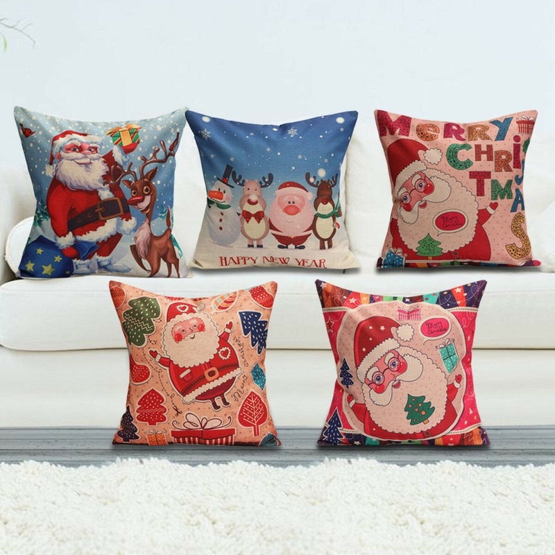 Christmas Santa Cotton Linen Pillow Case Cushion Cover Xmas Home Sofa Bed Decor