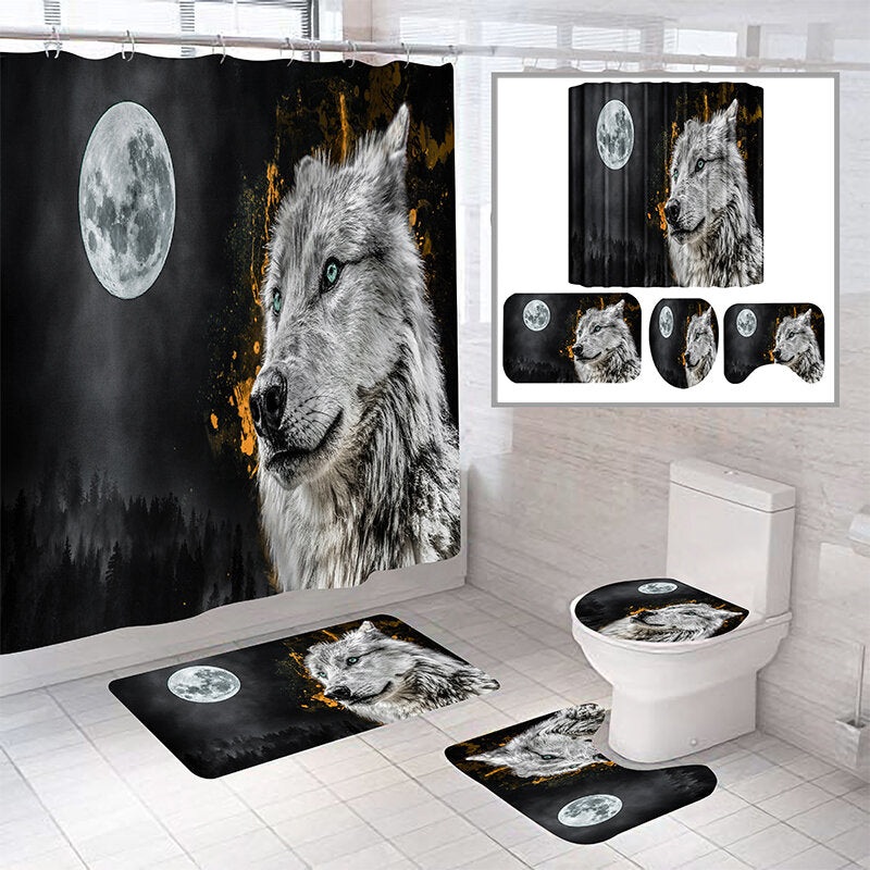 HUANGLING Shower Curtain Gray Wolf 12 Hooks Set Waterproof Polyester Bathroom Decor