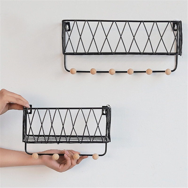 Iron Rack Wooden Wall Hanging Shelf Holder Books Pot Plant Storage +Hooks