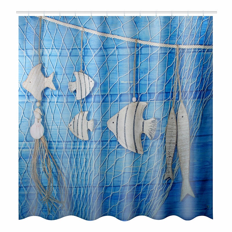 Ocean Style Waterproof Shower Curtain Hanging Shell Fish Decorative Bathroom Shower Curtain Toilet Cover Mat Non-Slip Rug Set