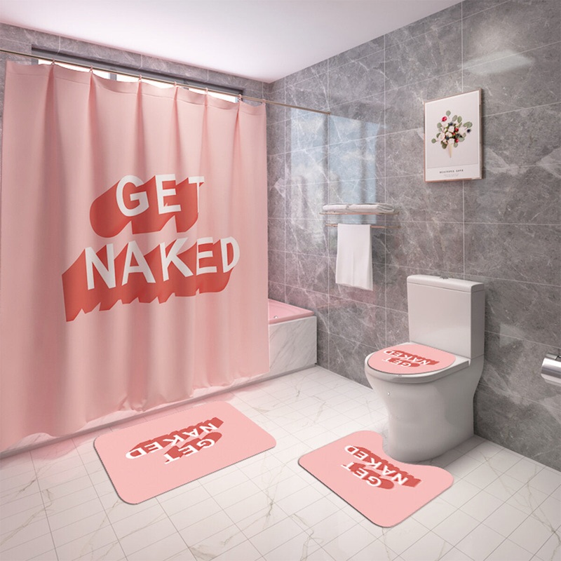 Shower Curtain Set Bathroom Non-Slip Toilet Mat Cover Rug Pink