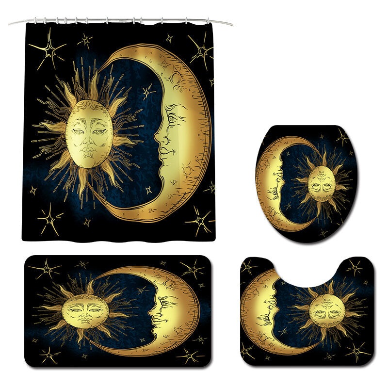 Sun Moon Printed Waterproof Bathroom Shower Curtain Toilet Cover Mat Non-slip Carpet