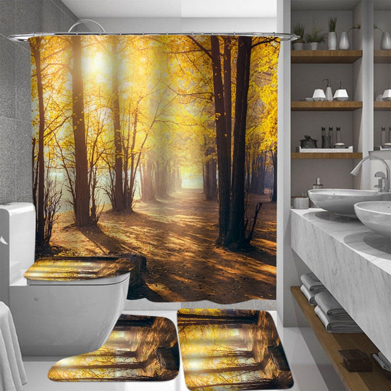 Tree Forest Printing Waterproof Bathroom Shower Curtain Toilet Cover Mats Floor Rugs with 12 Hooks