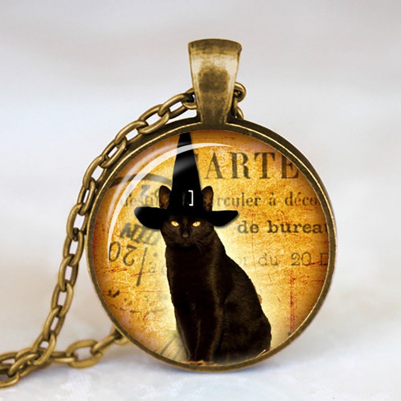Vintage Metal Glass Cute Cat Necklace Geometric Round Animal Printed Gem Pendant Necklace