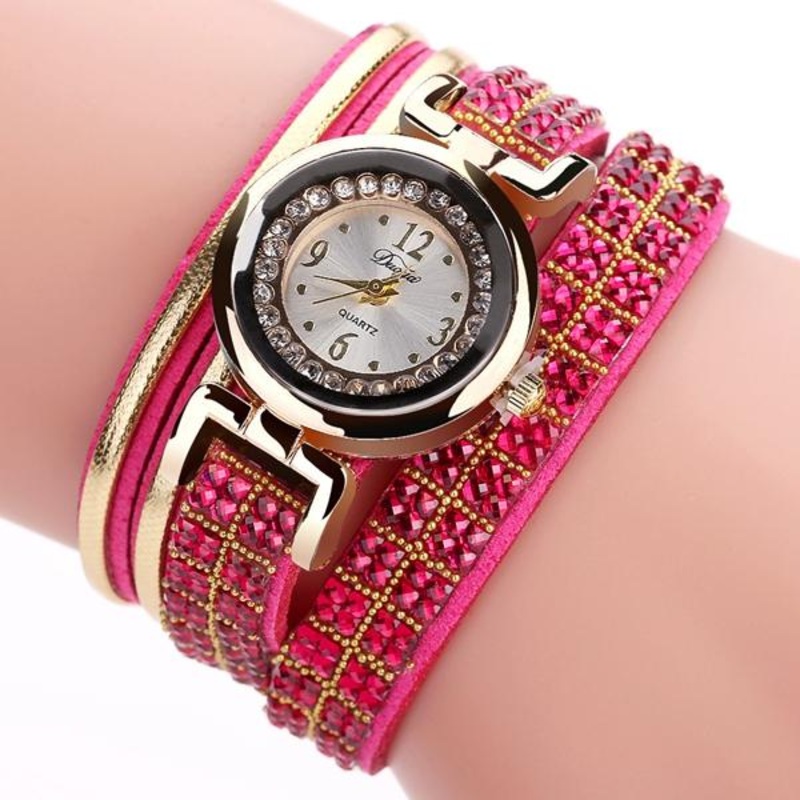DUOYA Fashion Style Leather Band Bracelet Winding Rhinestones Dial Quartz Moement Ladies Watches
