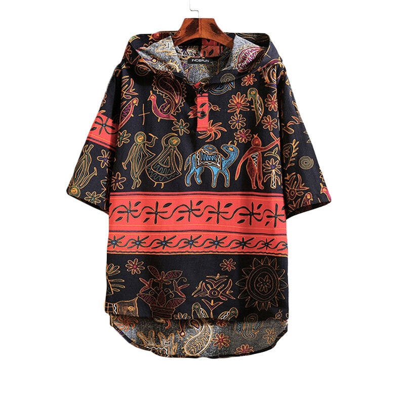 Mens Printed Half Sleeve Hoodies T-shirt Loose Causal Pullover Tee Tops Outdoor Camping Hiking